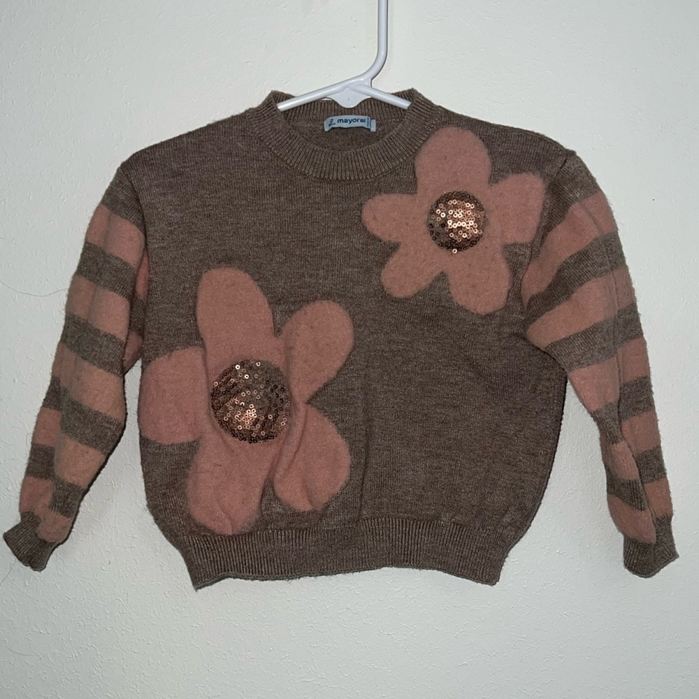 Mayoral Toddler Girls Taupe and Blush Knit floral and stripe Sweater sequins
